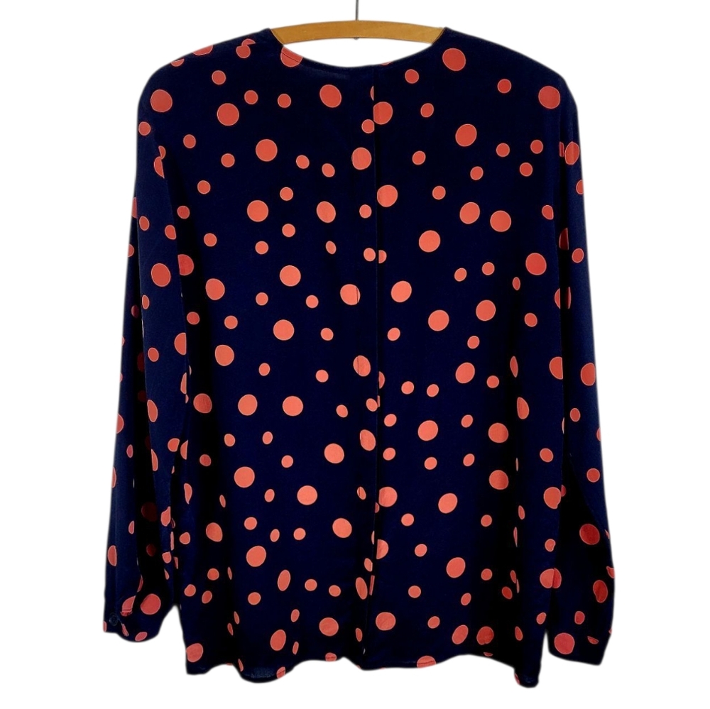 AKRIS Luxury Silk Crepe De Chine Button Back Navy Red Polka Dot Blouse Top 6 - Picture 10 of 12